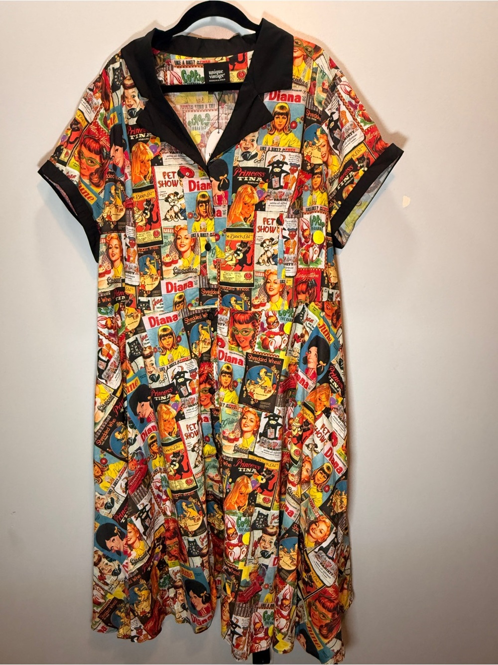 Unique Vintage Multicolor Comic-Print Midi Dress with Black Trim
